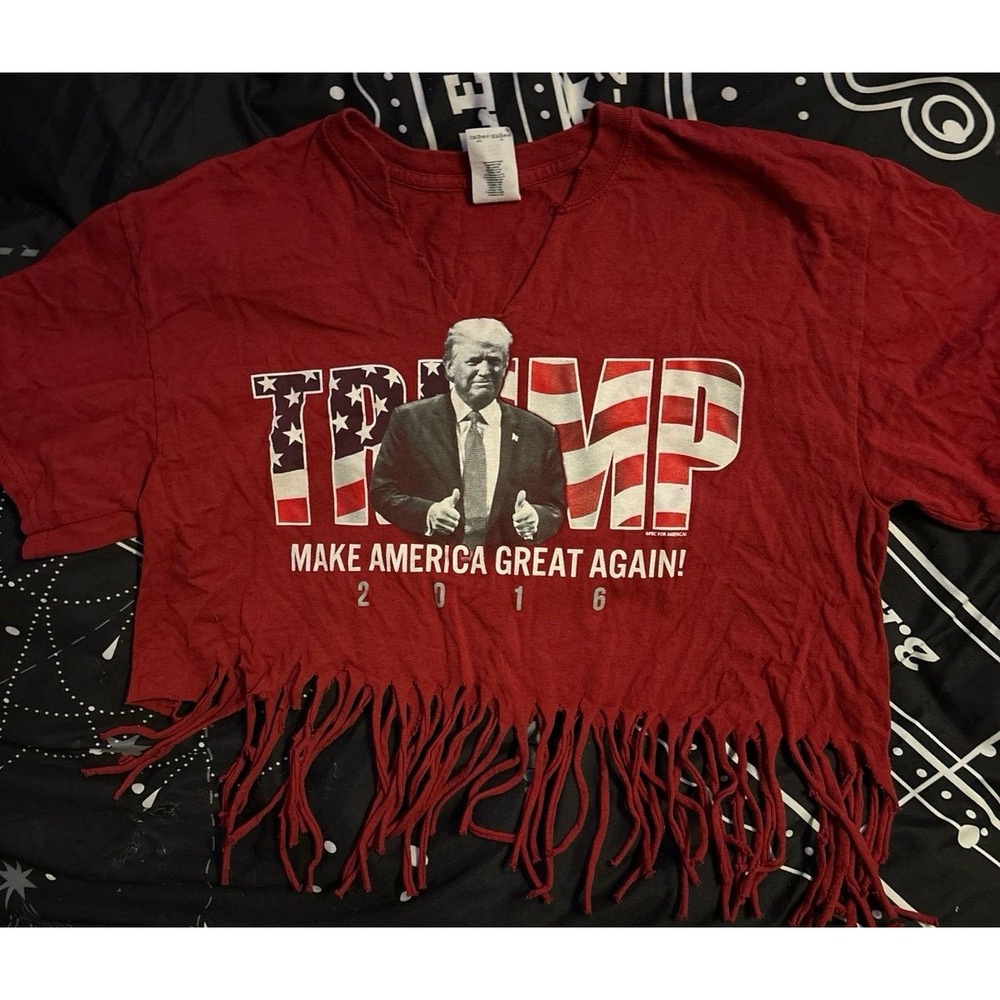 Trump 2016 Make America Great Again Women's Burgundy Fringe Crop Top, Medium
